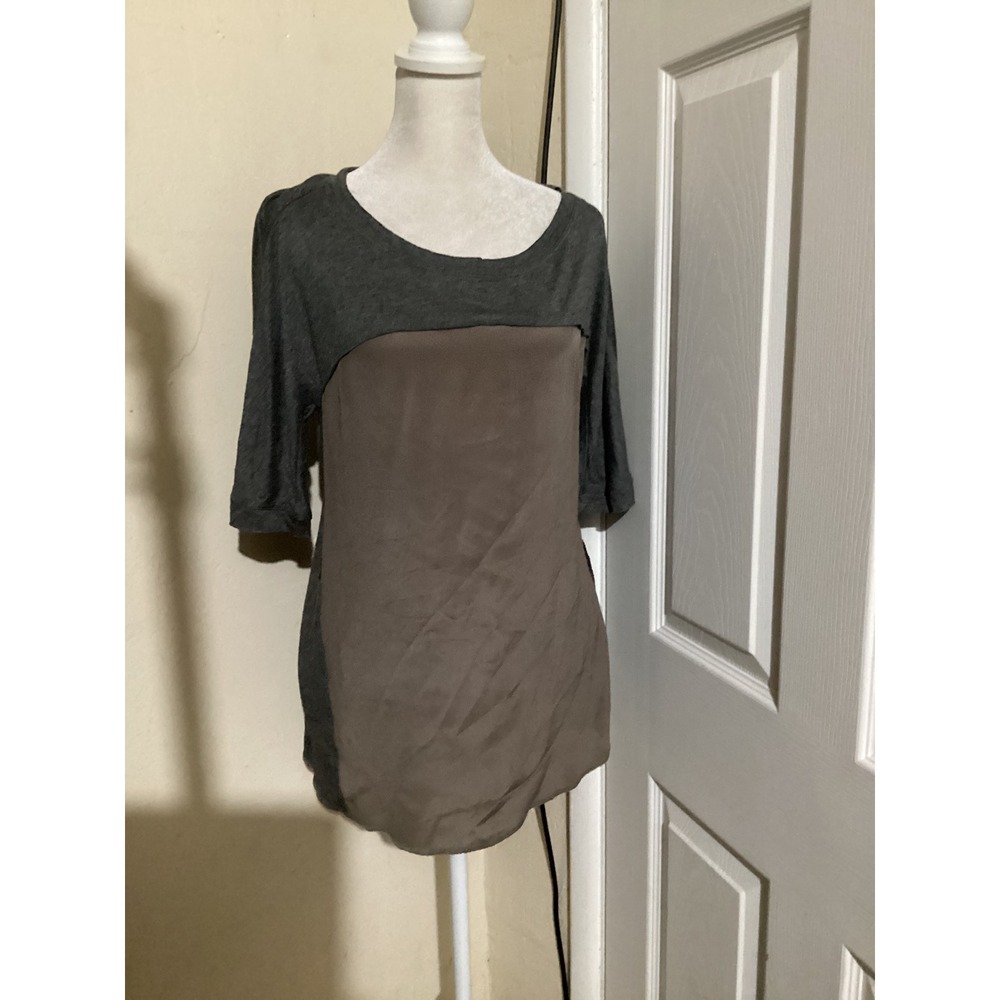 Dolan T-Shirt Mixed Media Silk Panel Top Charcoal Gray Taupe Medium USA Made